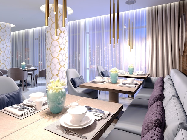 Served tables in the hotel restaurant with luxurious furniture in a modern design. 3d rendering