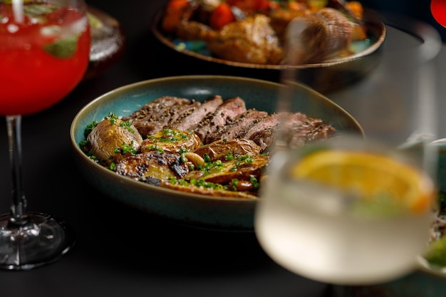 Served with food and drinks table in restaurant nobody