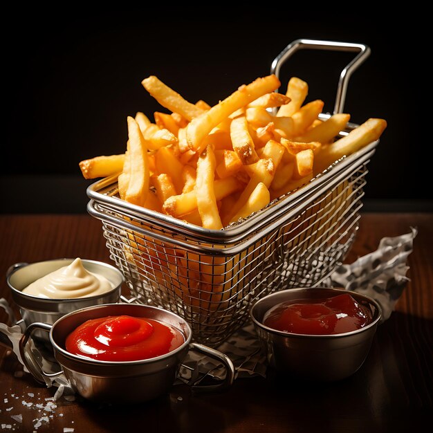 Served with mayo and ketchup the french fries are in a wire metal basket