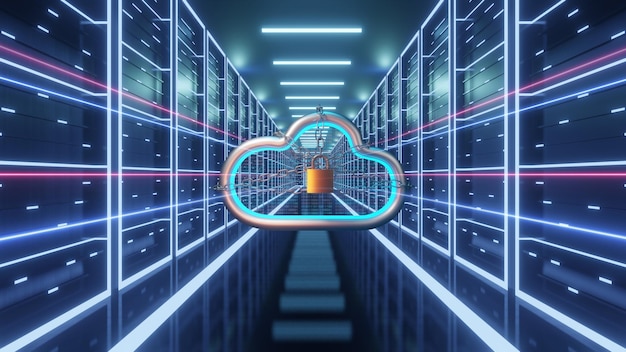 Server cloud computing data protection network per cyber security illustrazione 3d