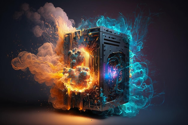 Server or computer explosion with fire and smoke