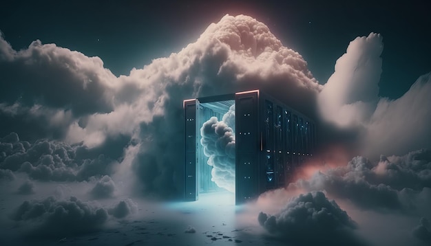 Сервер и дверь в облаках Генеративный ИИ Концепция облачных вычислений