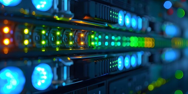 server hardware with led status indicators displaying realtime data processing concept server hardware led status indicators realtime data processing