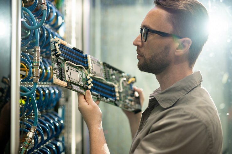 Photo server installation specialist working in datacenter room
