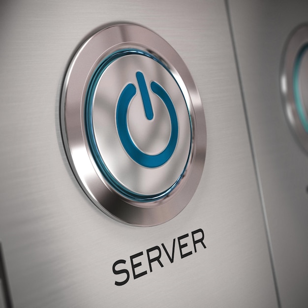 Server push button with start symbol in the center. server word is written at the bottom, blur effect