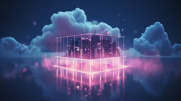 Photo server rack bathed in soft pink glow amidst clouds symbolizing cloud servers dedicated servers