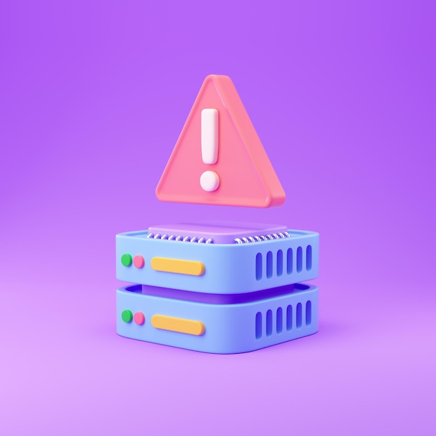 Server rack with alert sign. Colorful 3d rendering illustration.