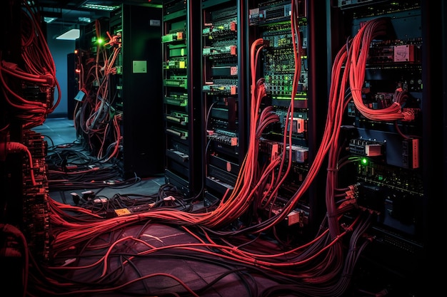 Photo server rack with servers accidentally unplugged by someone tripping over cables