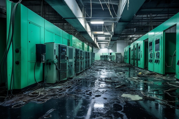 Photo server rack with servers damaged by an accidental liquid spill