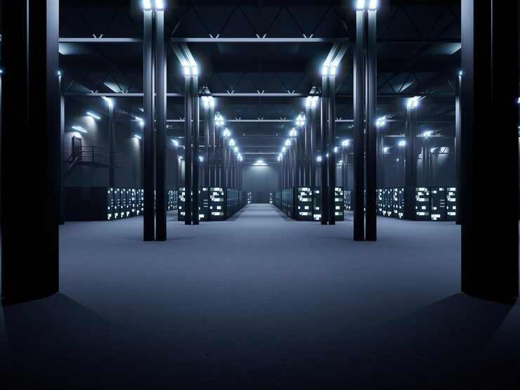 Photo 데이터베이스 하드웨어 및 클러스터 컴퓨터가 있는 클라우드 데이터 센터의 서버 랙. 스토리지 정보가 있는 서버 룸 팜의 백업, 호스팅 서버, 메인프레임 프로세서. ai 개념.