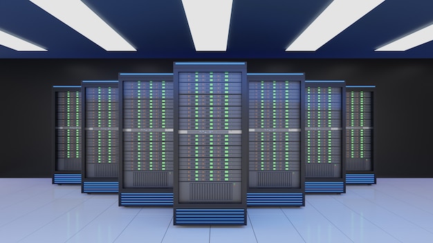 Server racks in computer network internet security server on dark background. Blue theme color image. 3D rendering image