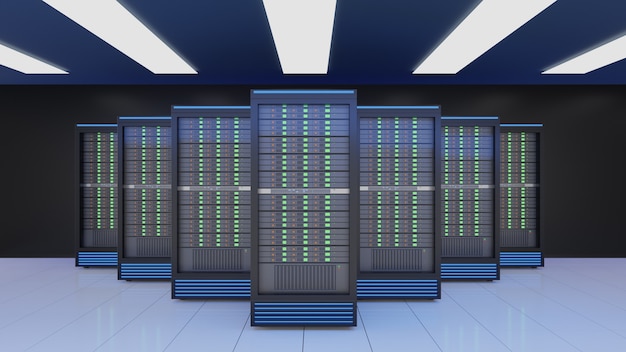 Server racks in computer network internet security server on\
dark background. blue theme color image. 3d rendering image