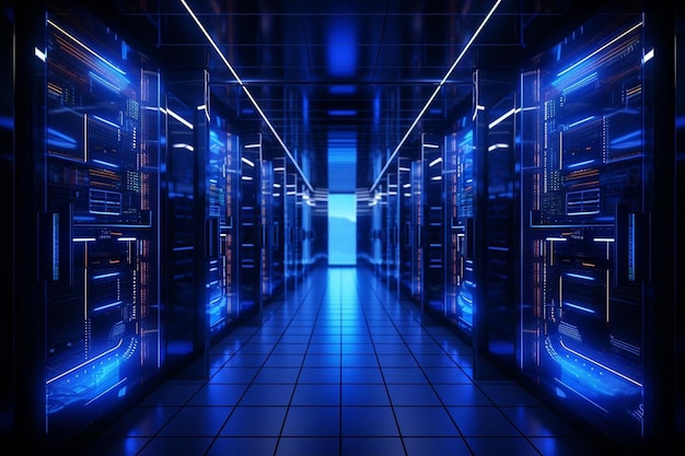 server racks in computer network security server room data center dark blue