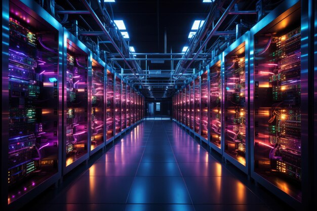 Server racks in computer network security server room futuristic data center