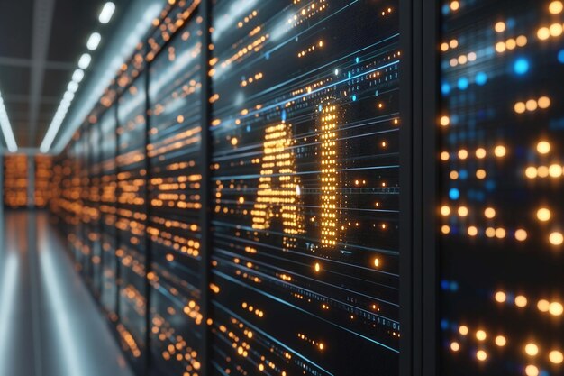 Server racks in a data center with glowing orange LED lights