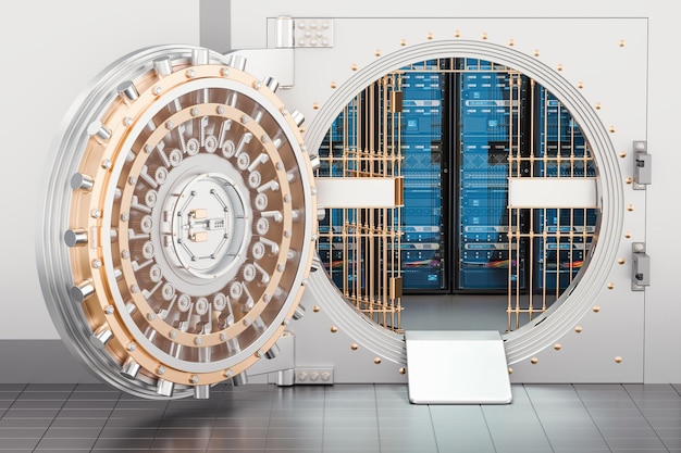 Photo server racks inside bank vault security and protection concept 3d rendering