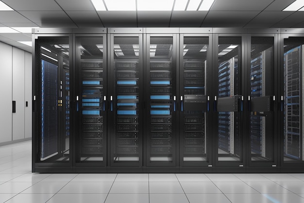 Server racks in server room data center 3d rendering