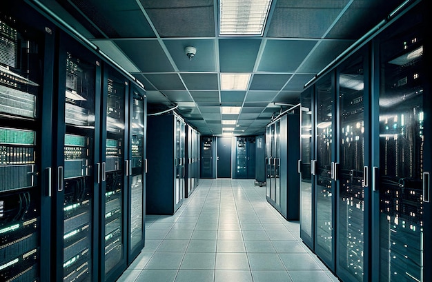 Photo server racks in server room data center generative ai