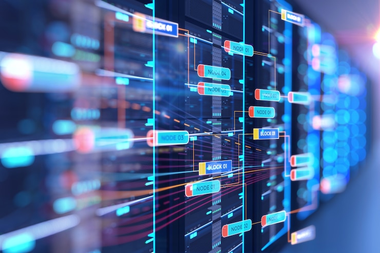 Photo server room 3d illustration with node base programming data  design element.