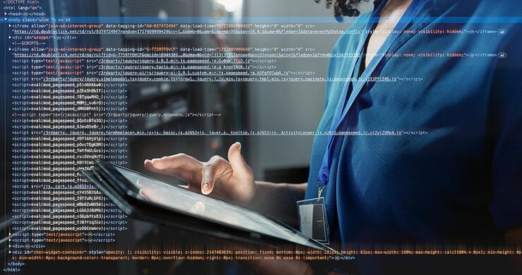 Photo server room data or hands of engineer with tablet system update or cybersecurity with code inspection programmer or it person with overlay screen for problem solving or troubleshooting or scroll