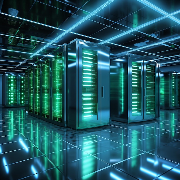 Server room in datacenter with data servers Green LED lights flashing