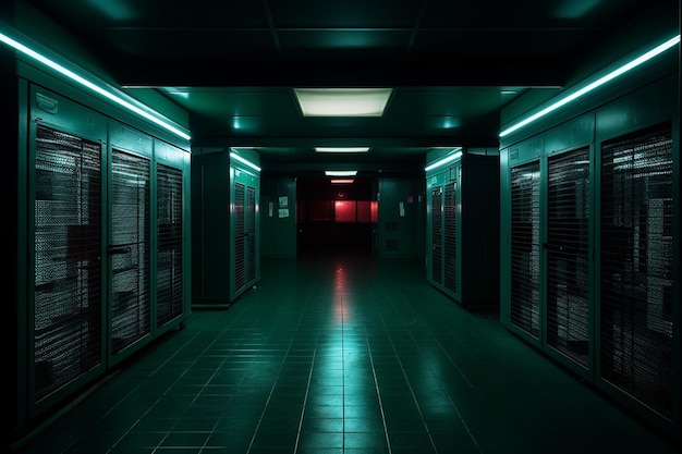 Server room under emergency lights during a power outage