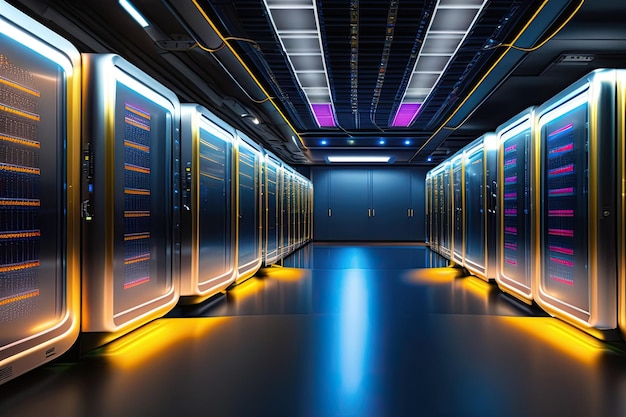 A server room hallway with blue walls and lights