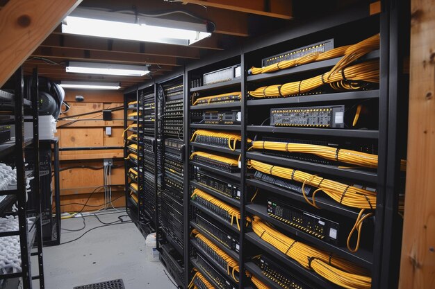 Серверная комната имеет свет очень современный дизайн с очень аккуратными кабелями на полке