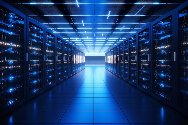 A server room with a blue light