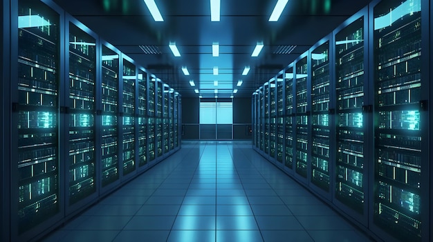 Photo a server room with blue lights and a blue light.