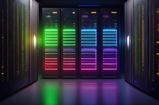 A server room with colorful lights