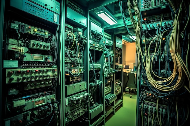 Server room with a display of vintage network equipment for education