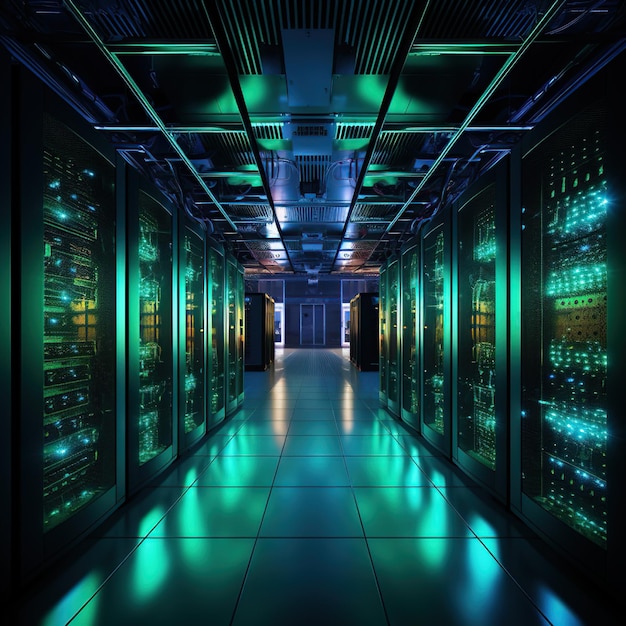 a server room with green lights