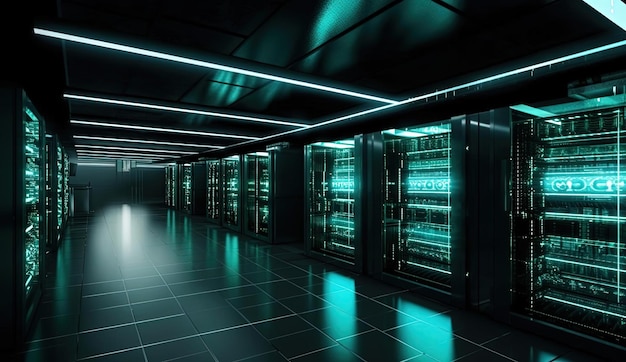 a server room with large number of servers in the style of dark gray and light aquamarine