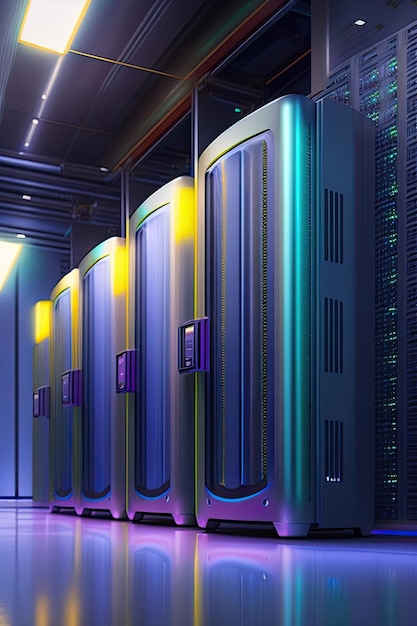 A server room with many blue servers in it