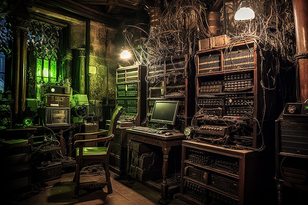 Server room with a wall of historical computing equipment