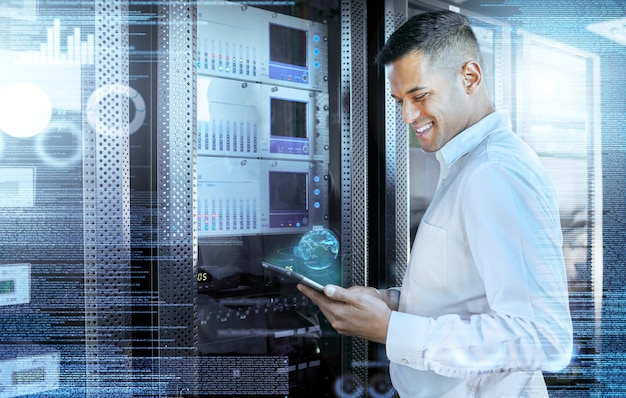 Server tablet and digital with a man engineer working with hologram technology for programming or it security Future computer and innovation with a male research worker busy in a data center