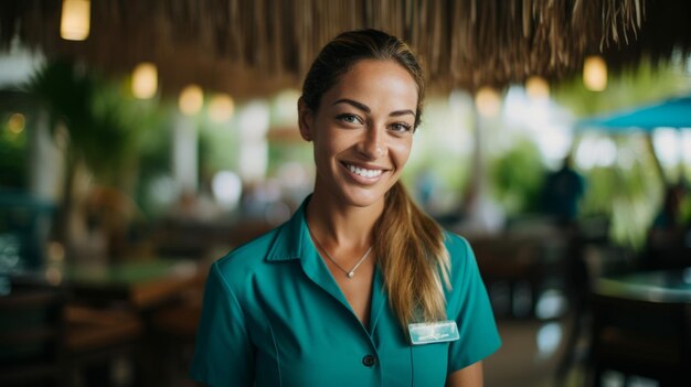 Server in tropical resort uniform serves drinks by poolside exotic ambiance