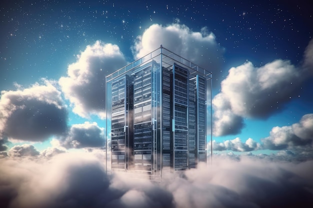 A server with cloud data processing Futuristic technology in a blue sky with clouds Ai generative