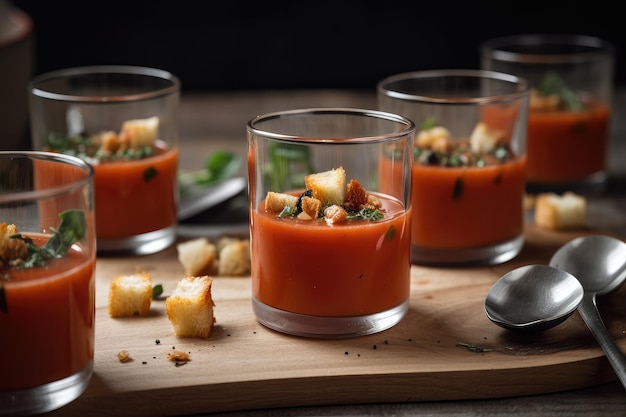 Serveren van gazpacho gegarneerd met croutons en olijfolie motregen