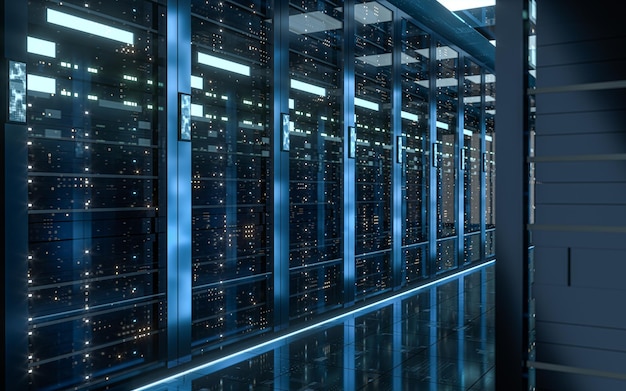 Serverracks in computernetwerkbeveiliging serverkamer datacenter 3D-rendering