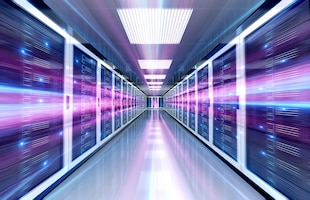 Servers data center room with bright speed light through the corridor
