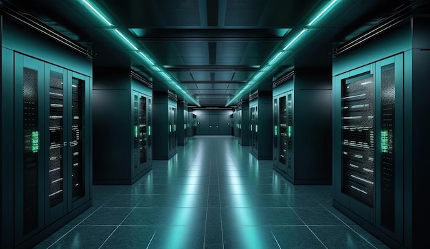 servers and server rooms in a commercial data center in the style of dark gray and light aquamarin