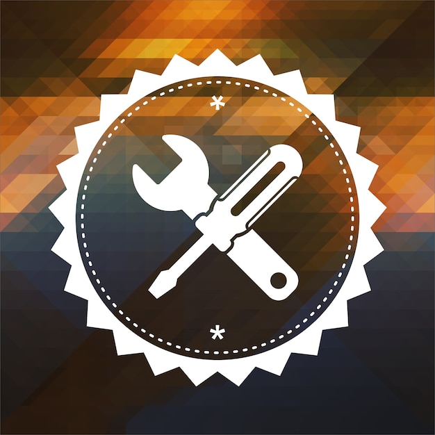 Photo service concept - crossed screwdriver and wrench. retro label design. hipster background made of triangles, color flow effect.