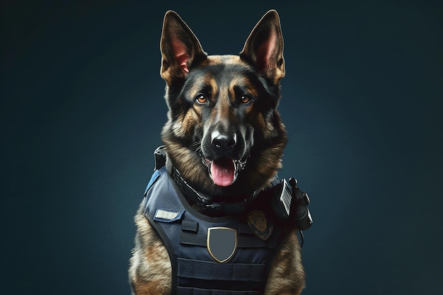 Service dog of the German Shepherd breed in a police uniform