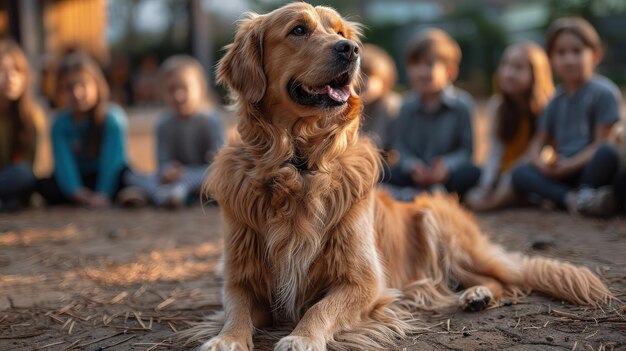 Foto presentazione di cani da servizio in una scuola bambini seduti in cerchio impegnati e che imparano fotorealistico hd