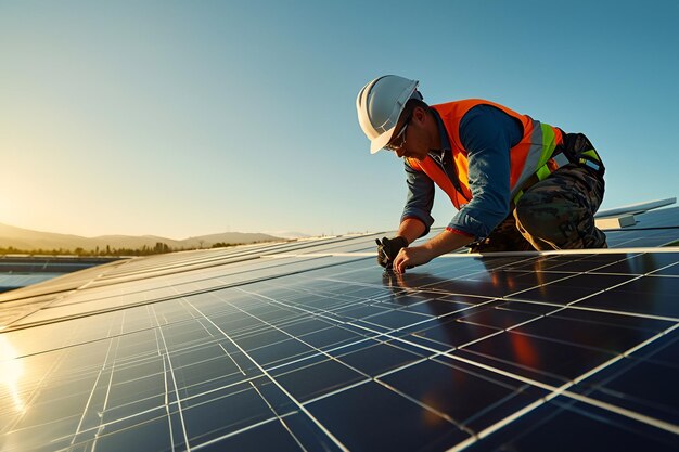 Foto ingegnere di servizio che controlla la cella solare sul tetto per la manutenzione se c'è una parte danneggiata ingegnere