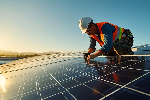 Photo service engineer checking solar cell on the roof for maintenance if there is a damaged part engineer