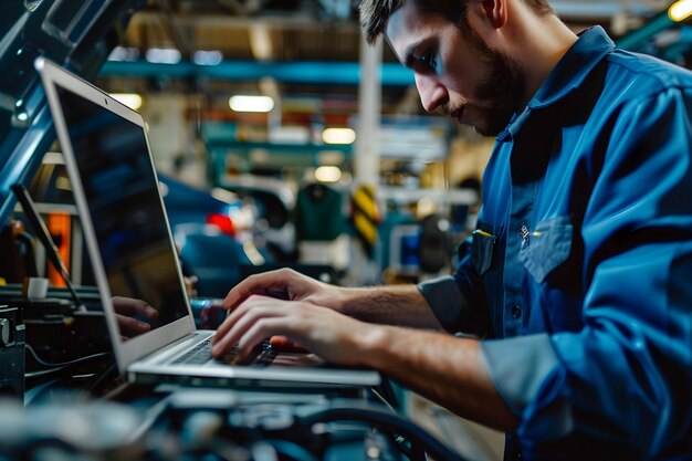 Photo service man make diagnostics with laptop in a car service