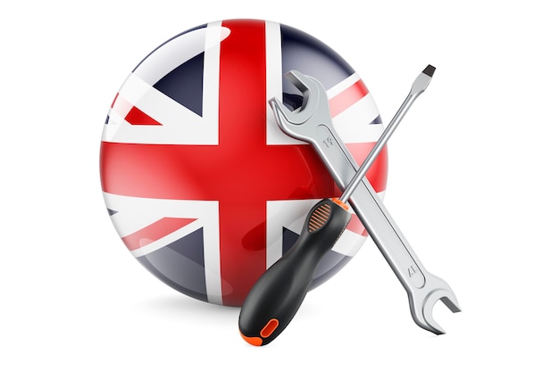 Foto assistenza e riparazione nel concetto di gran bretagna cacciavite e chiave inglese con rendering 3d della bandiera britannica